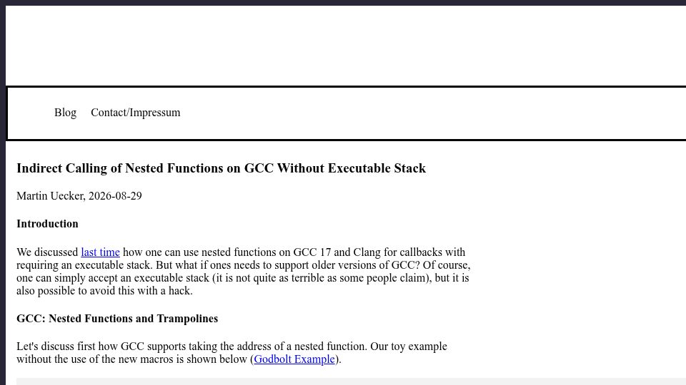 Screenshot of uecker.codeberg.page: Indirect Calling of Nested Functions on GCC Without Executable Stack