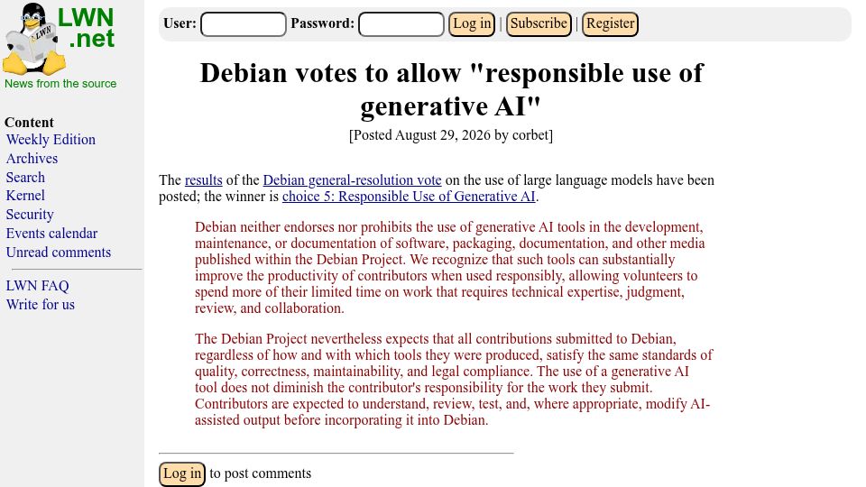 Screenshot of lwn.net: Debian votes to allow "responsible use of generative AI"