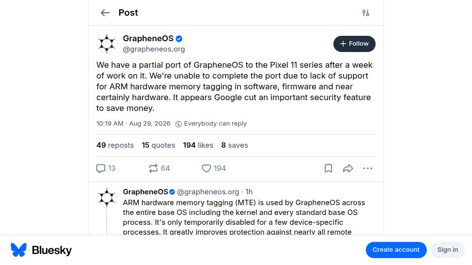 Screenshot of bsky.app: GrapheneOS project: pixel 11 no longer supports hardware memory tagging (MTE)