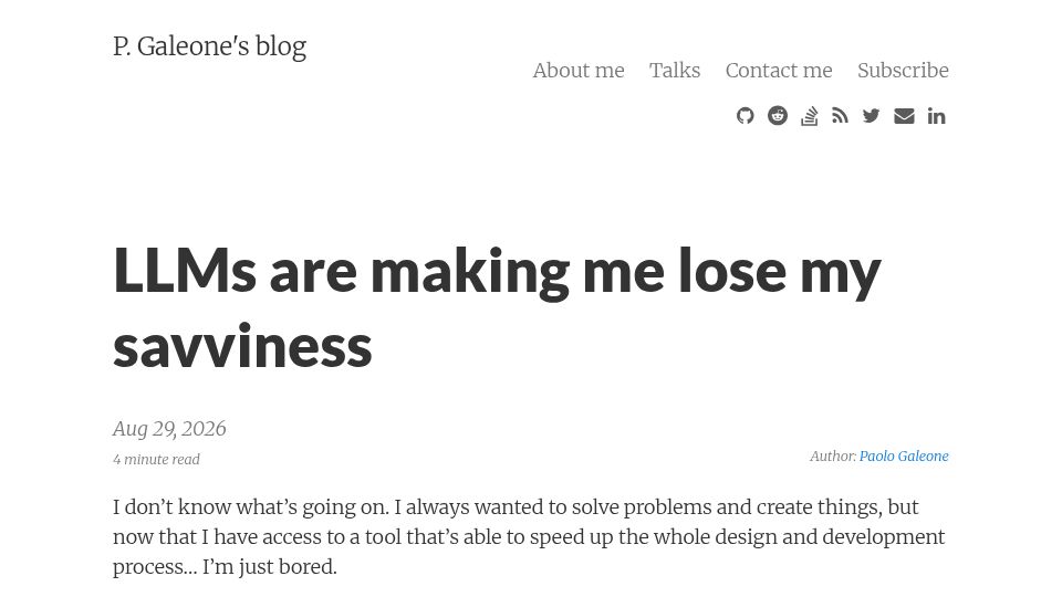 Screenshot of pgaleone.eu: LLMs are making me lose my savviness