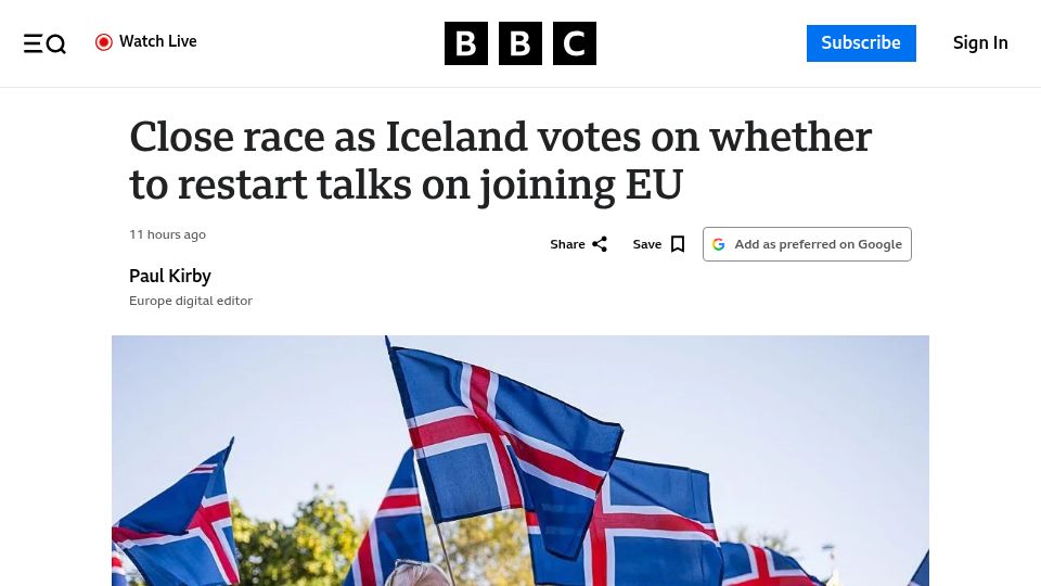 Screenshot of bbc.com: Iceland votes on whether to restart talks on joining EU