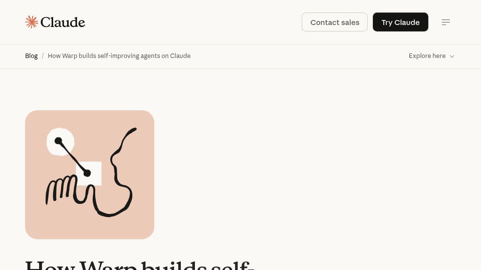 Screenshot of claude.com: Warp builds self-improving agents on Claude