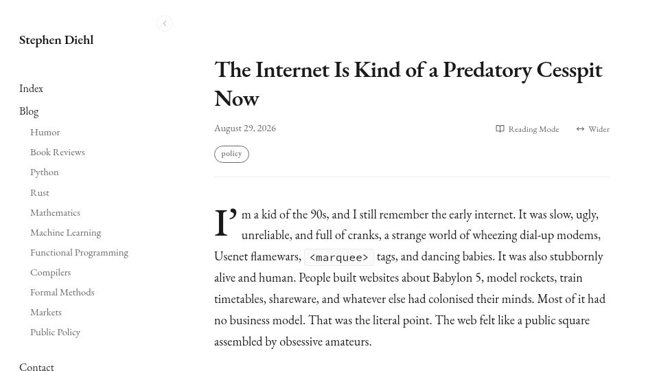 Screenshot of stephendiehl.com: The internet is kind of a predatory cesspit now
