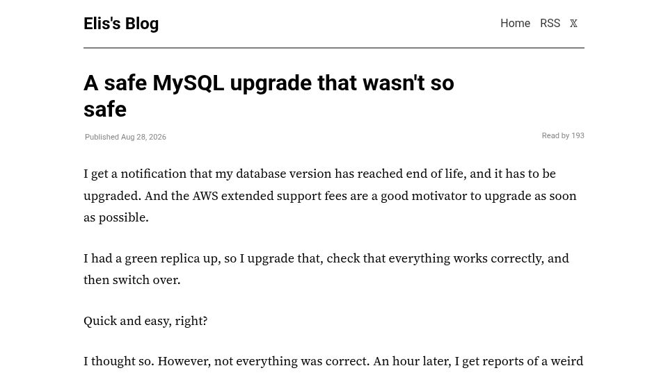 Screenshot of blog.elis.cc: A safe MySQL upgrade that wasn't so safe