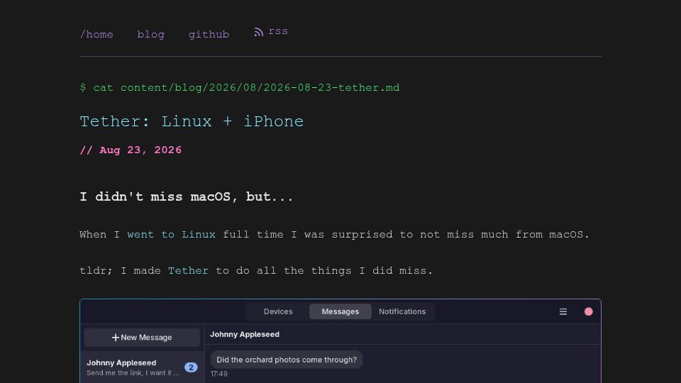 Screenshot of zackbartel.com: Tether: iMessage, SMS, etc. on Linux