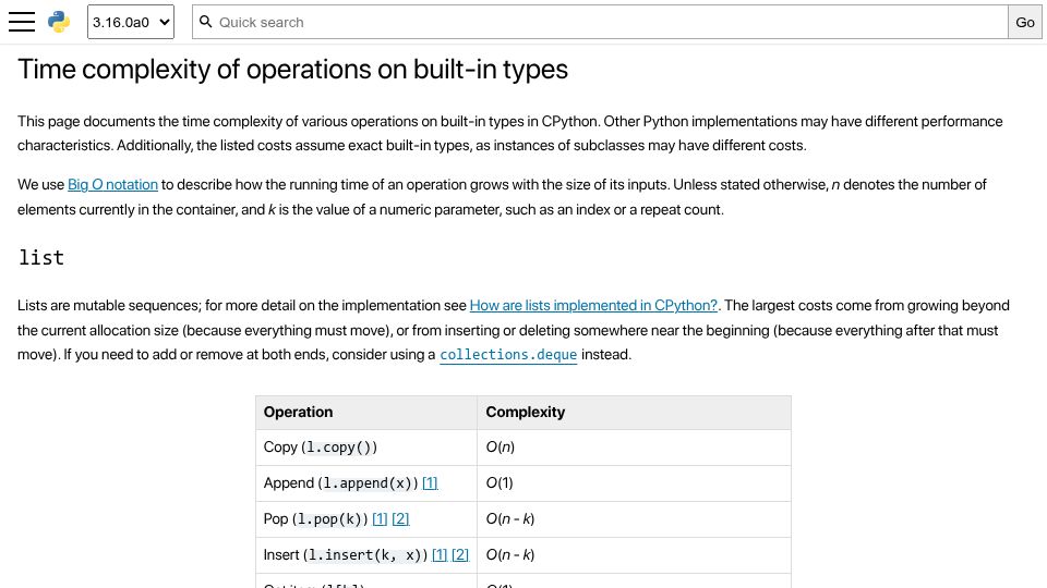 Screenshot of docs.python.org: Time complexity of operations on Python's built-in types