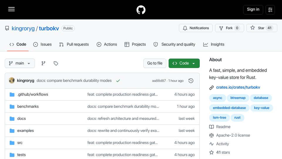 Screenshot of github.com: TurboKV: Insanely fast Rust key-value store