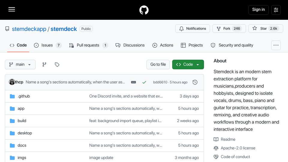 Screenshot of github.com: StemDeck, a free, open-source and local AI stem separator