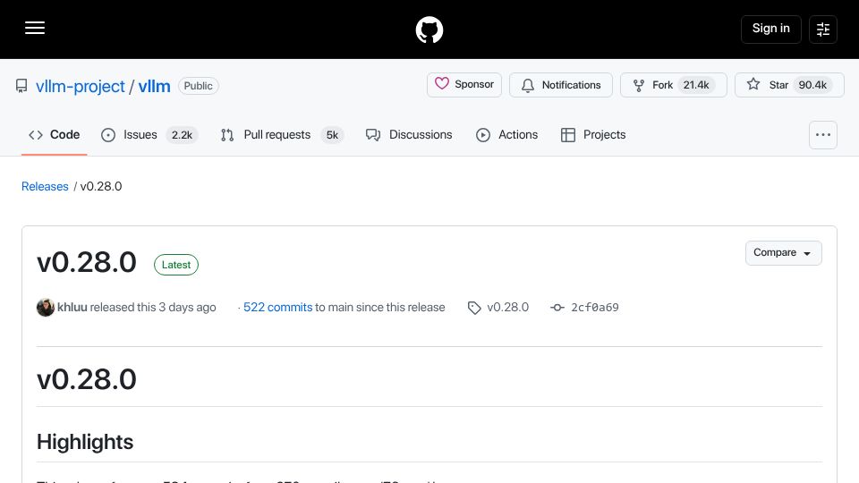 Screenshot of github.com: vLLM v0.28.0