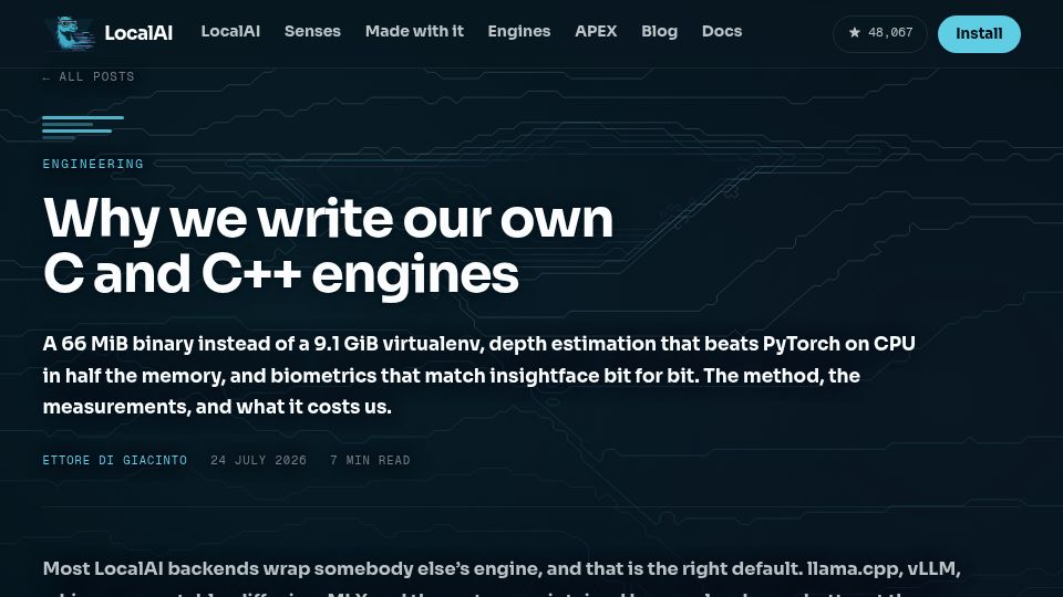Screenshot of localai.io: Why we write our own C and C++ inference engines