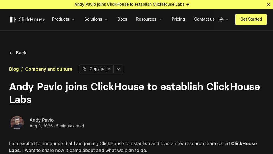Screenshot of clickhouse.com: Andy Pavlo joins ClickHouse to establish ClickHouse Labs