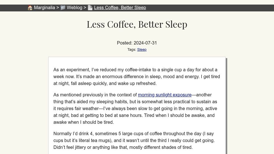 Screenshot of marginalia.nu: Less Coffee, Better Sleep