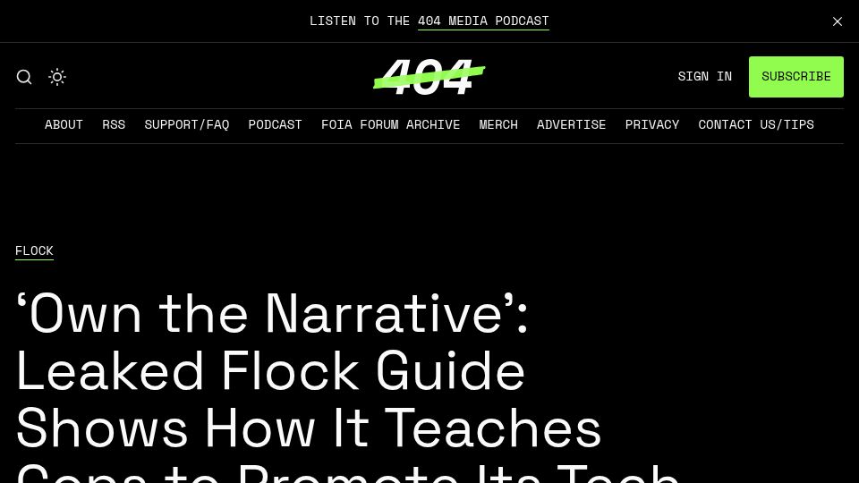 Screenshot of 404media.co: Leaked Flock Guide Shows How It Teaches Cops to Promote Its Tech