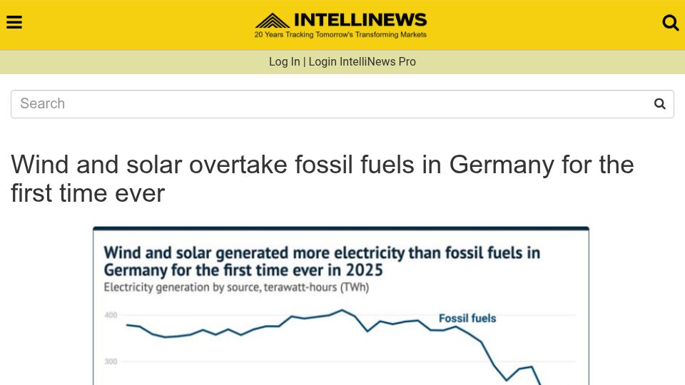 Screenshot of intellinews.com: Wind and solar overtake fossil fuels in Germany for the first time