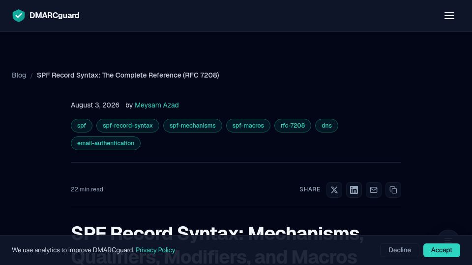 Screenshot of dmarcguard.io: SPF Record Syntax: Mechanisms, Qualifiers, Modifiers, and Macros