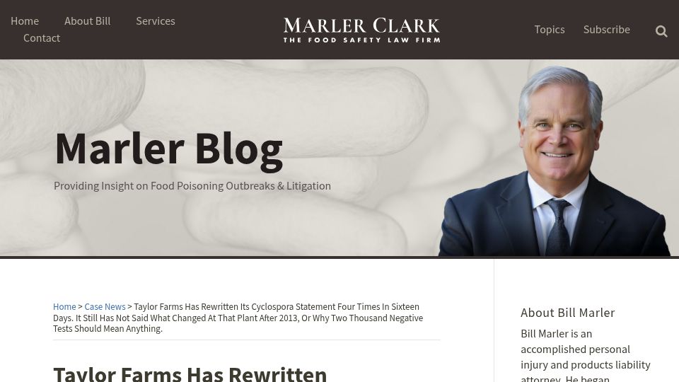 Screenshot of marlerblog.com: Taylor Farms has rewritten its cyclospora statement four times in sixteen days