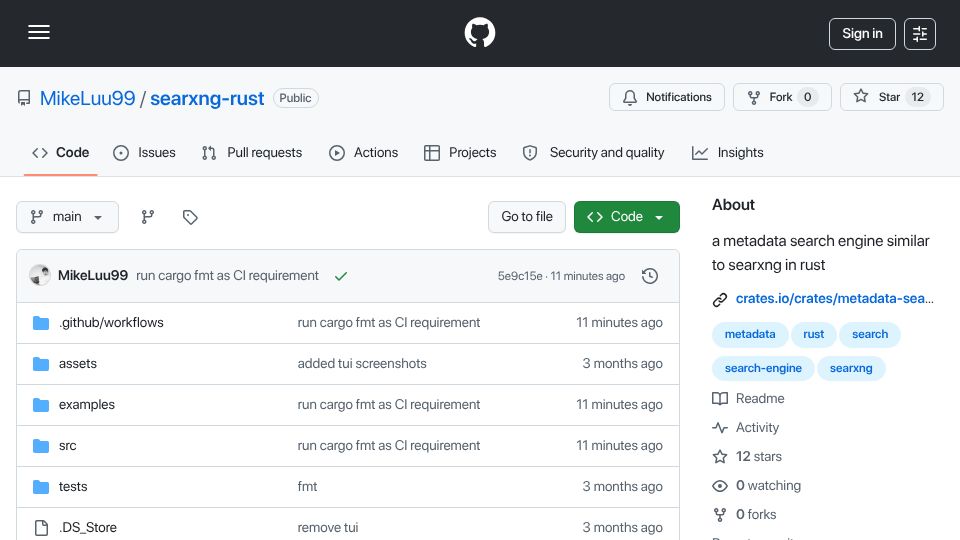 Screenshot of github.com: SearXNG in Rust