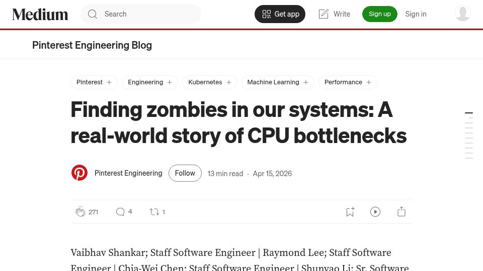 Screenshot of medium.com: Finding zombies in our systems: A real-world story of CPU bottlenecks