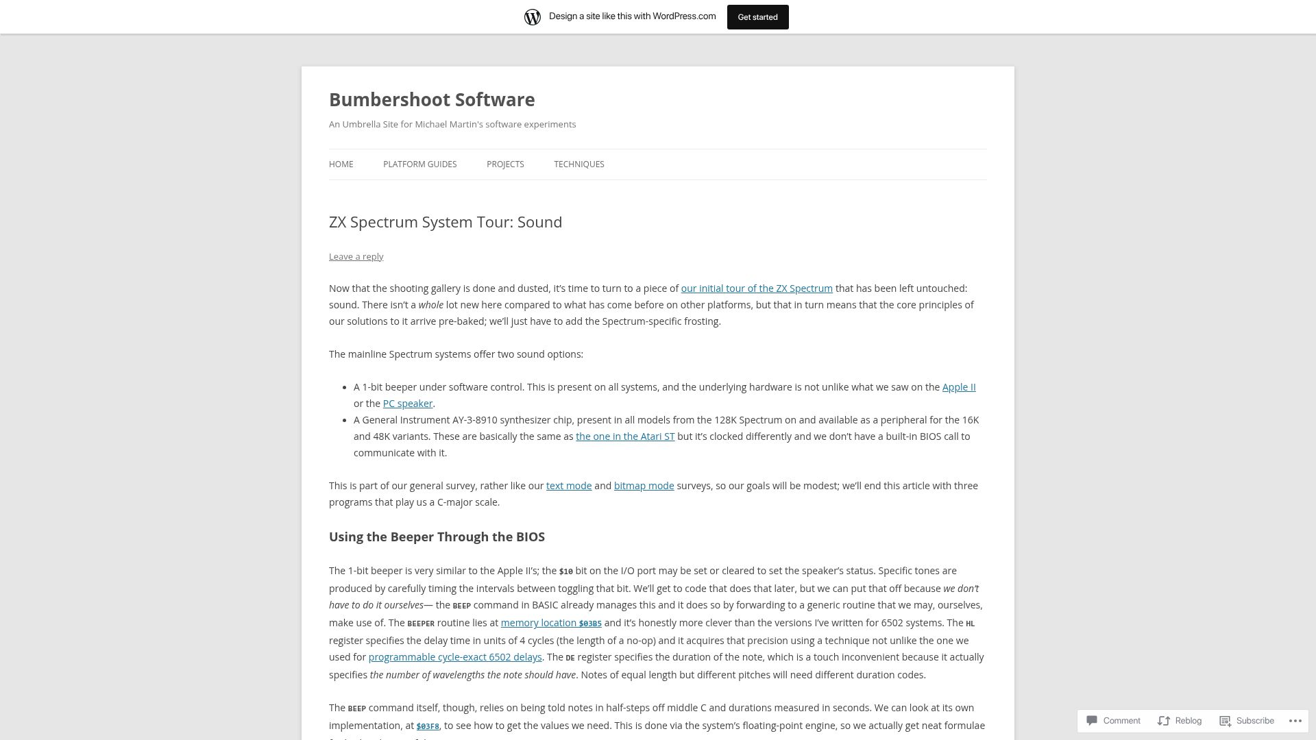 Screenshot of bumbershootsoft.wordpress.com: ZX Spectrum System Tour: Sound