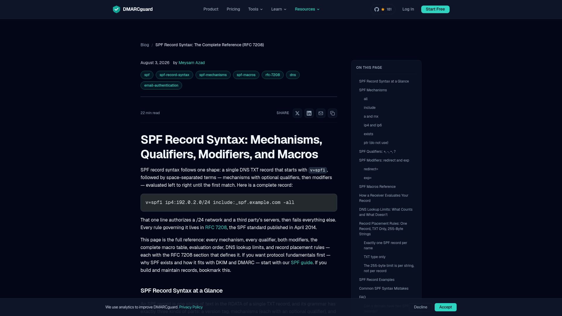 Screenshot of dmarcguard.io: SPF Record Syntax: Mechanisms, Qualifiers, Modifiers, and Macros