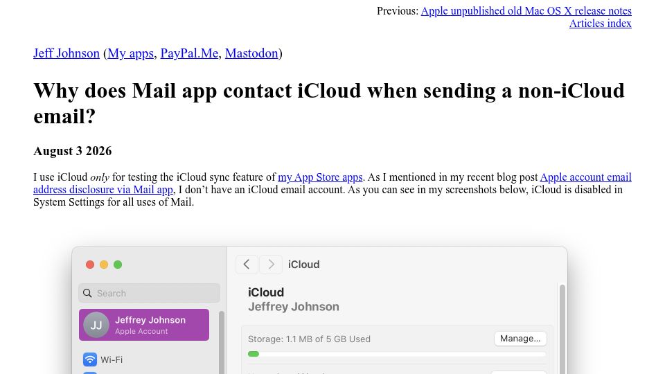 Screenshot of lapcatsoftware.com: Why does Mail app contact iCloud when sending a non-iCloud email?