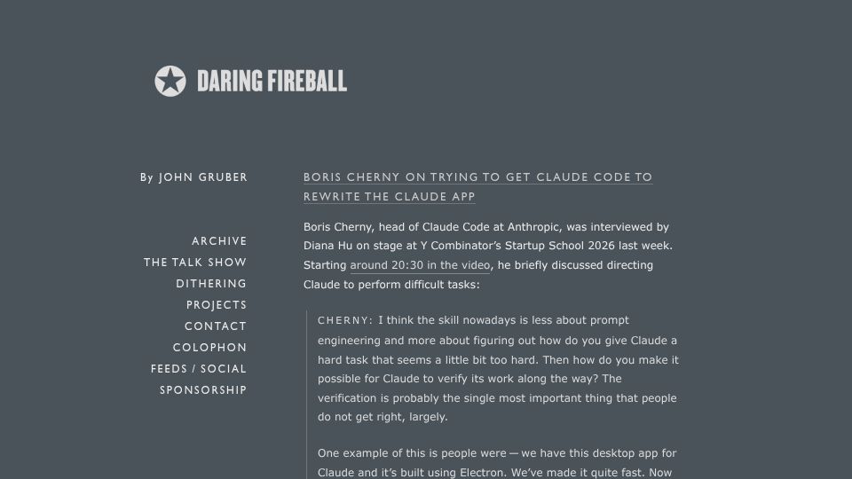 Screenshot of daringfireball.net: Boris Cherny on Trying to Get Claude Code to Rewrite the Claude App