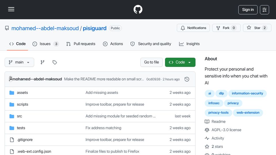 Screenshot of github.com: PISIGuard: Protect your personal and sensitive info when you chat with AI