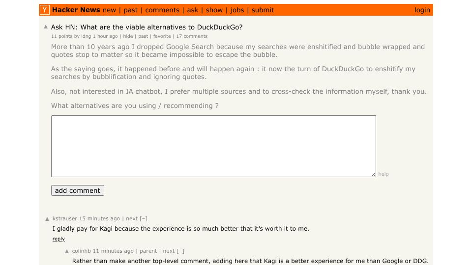 Screenshot of Hacker News post: Ask HN: What are the viable alternatives to DuckDuckGo?