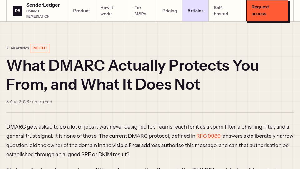 Screenshot of senderledger.com: What DMARC Protects You From, and What It Does Not