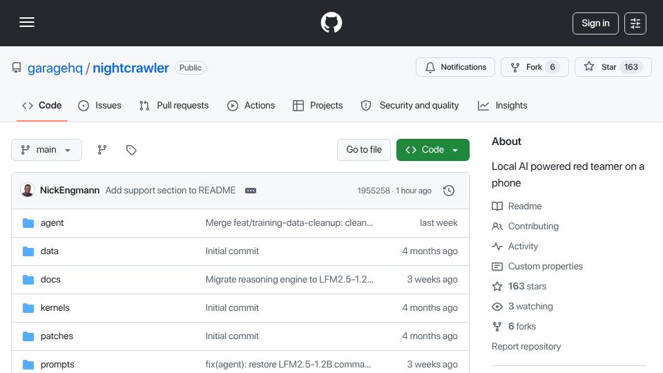 Screenshot of github.com: Show HN: Nightcrawler – A local AI pentesting agent running on a smartphone