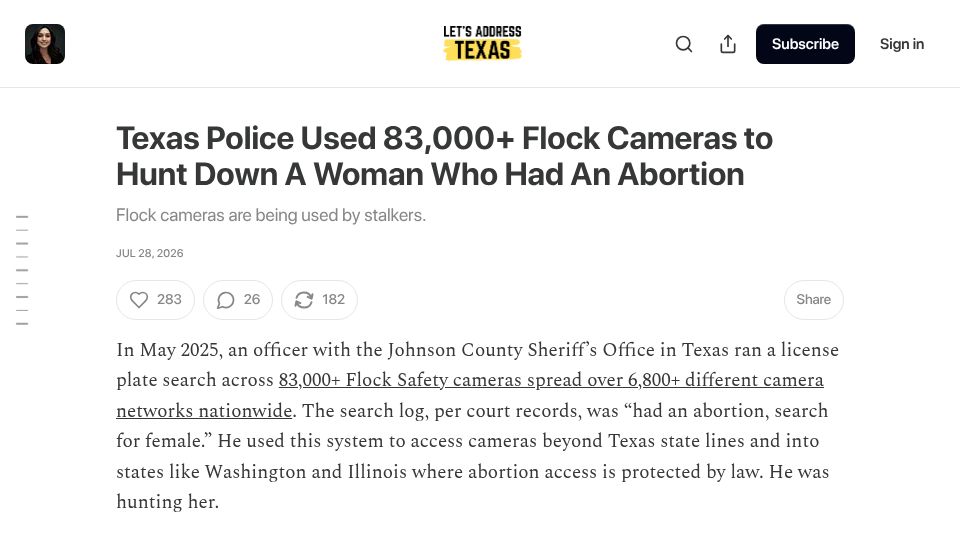 Screenshot of letsaddresstexas.substack.com: Texas Police Used 83,000 Flock Cameras to Hunt Down a Woman Who Had an Abortion