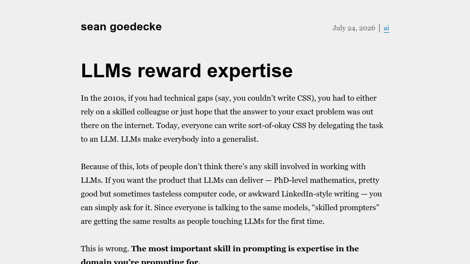 Screenshot of seangoedecke.com: LLMs reward expertise