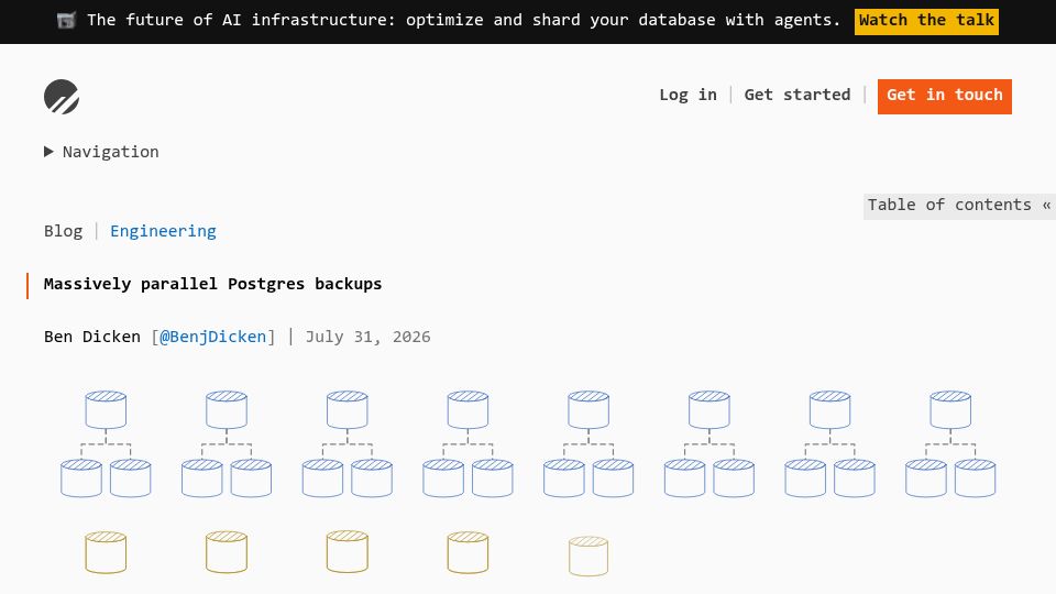 Screenshot of planetscale.com: Massively Parallel Postgres Backups