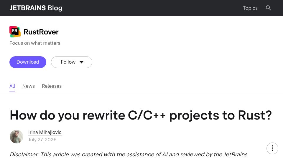 Screenshot of blog.jetbrains.com: How do you rewrite C/C++ projects to Rust?