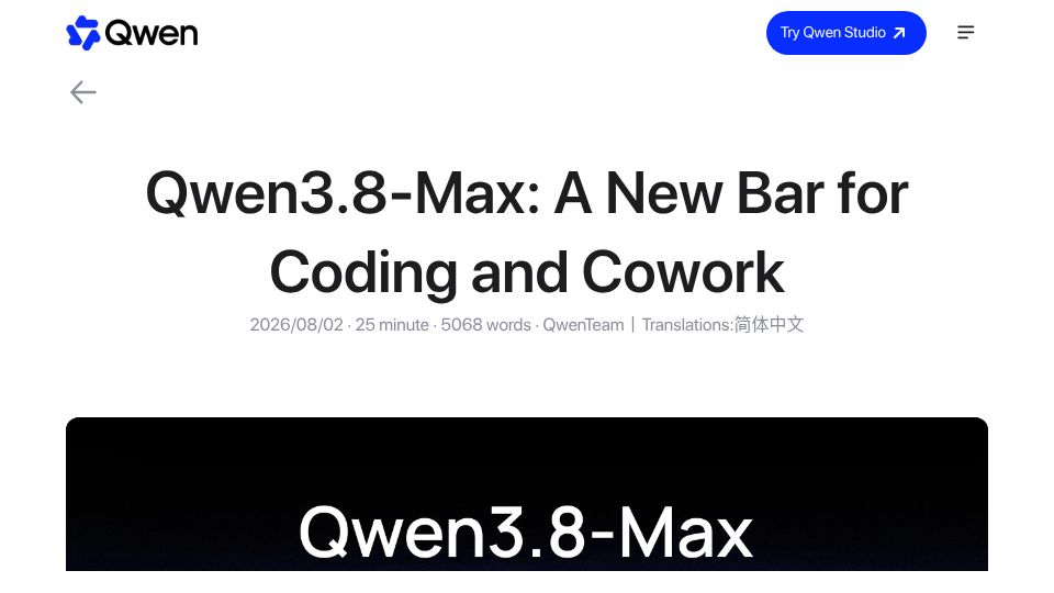 Screenshot of qwen.ai: Qwen3.8-Max: A New Bar for Coding and Cowork