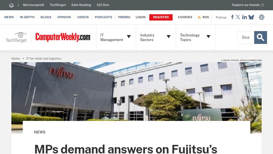 Screenshot of computerweekly.com: MPs demand answers on Fujitsu's inclusion in lucrative frameworks
