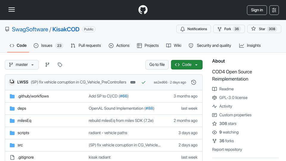 Screenshot of github.com: KisakCOD – Open-source reimplementation of Call of Duty 4 Multiplayer