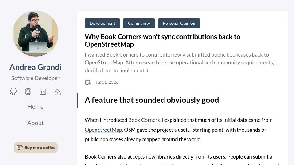 Screenshot of andreagrandi.it: Why Book Corners won't sync contributions back to OpenStreetMap
