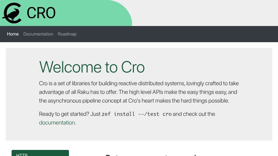 Screenshot of cro.raku.org: Cro – elegant reactive services in Raku