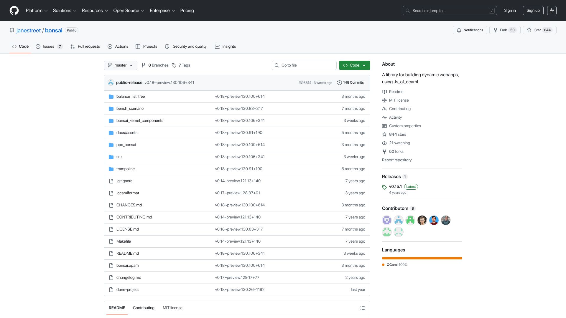 Screenshot of github.com: Bonsai: Janestreet's UI Library
