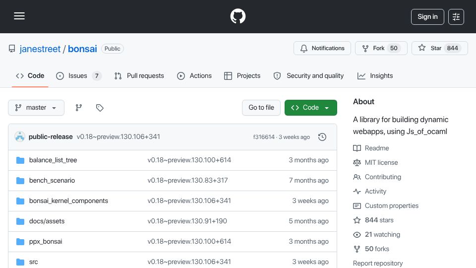 Screenshot of github.com: Bonsai: Janestreet's UI Library
