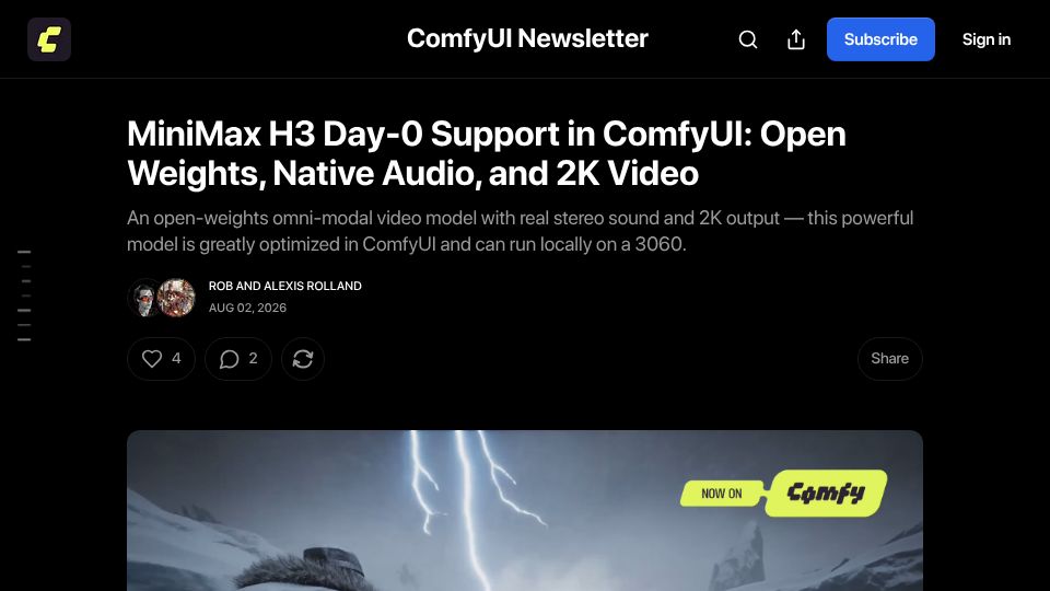 Screenshot of blog.comfy.org: MiniMax H3 Day-0 Support in ComfyUI: Open Weights, Native Audio, and 2K Video