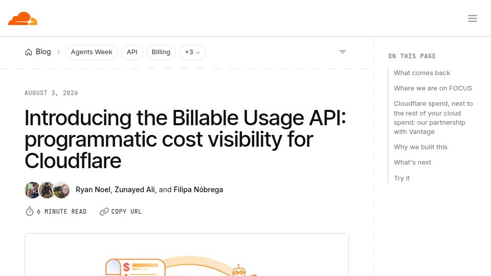 Screenshot of blog.cloudflare.com: The Billable Usage API: programmatic cost visibility for Cloudflare