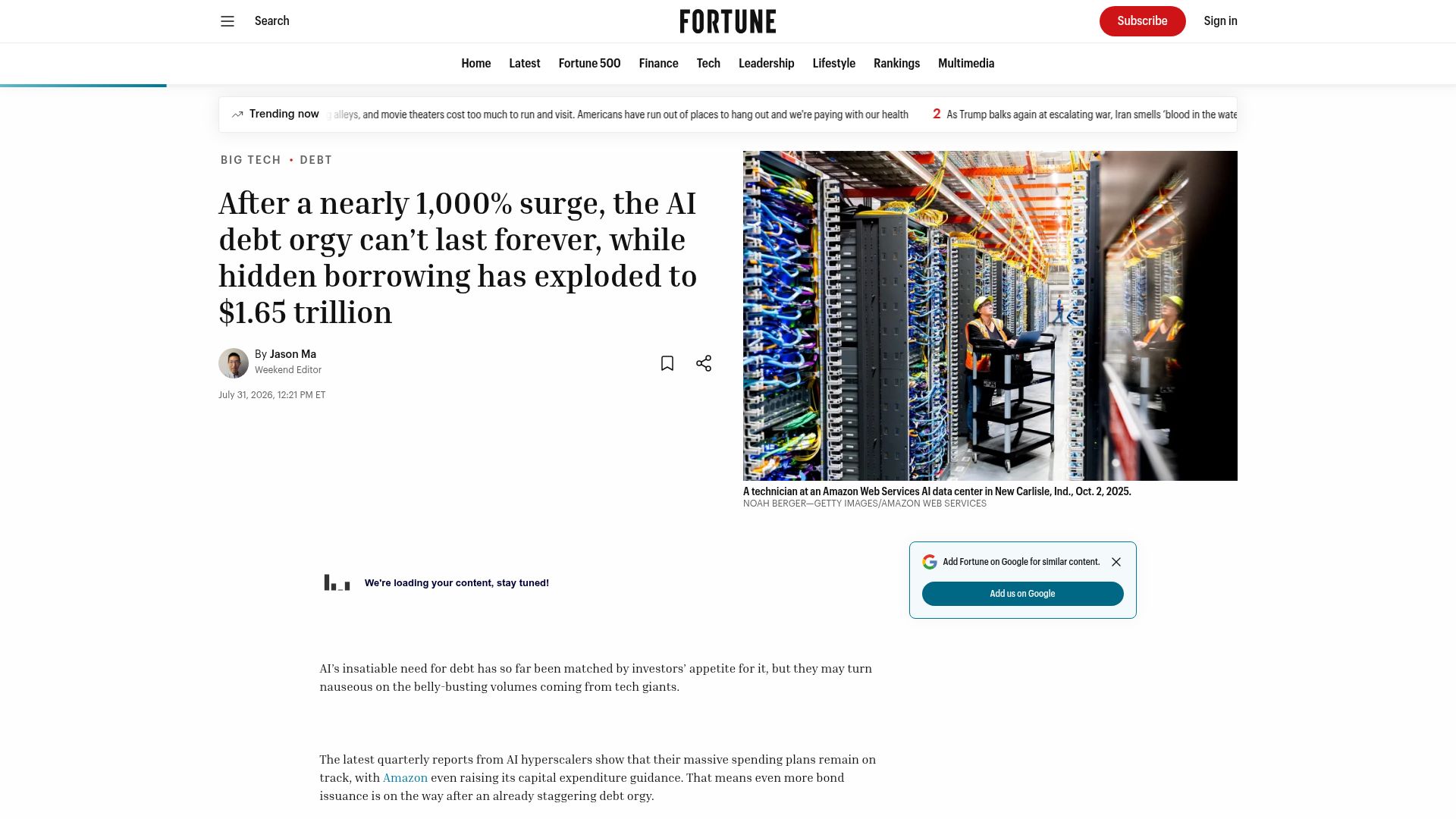 Screenshot of fortune.com: AI's debt binge can't last, hidden borrowing reaches $1.65T