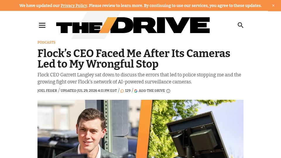 Screenshot of thedrive.com: Flock's CEO Faced Me After Its Cameras Led to My Wrongful Stop