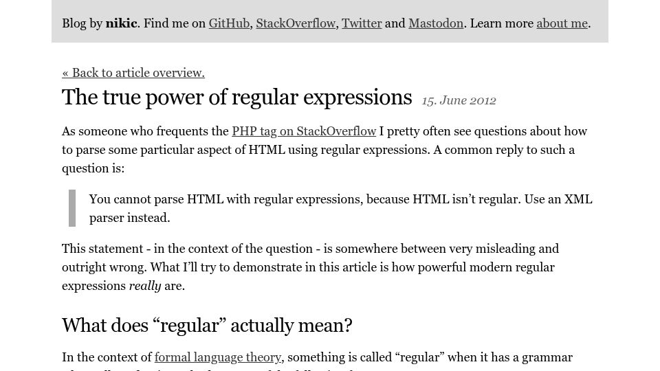 Screenshot of npopov.com: The true power of regular expressions (2012)