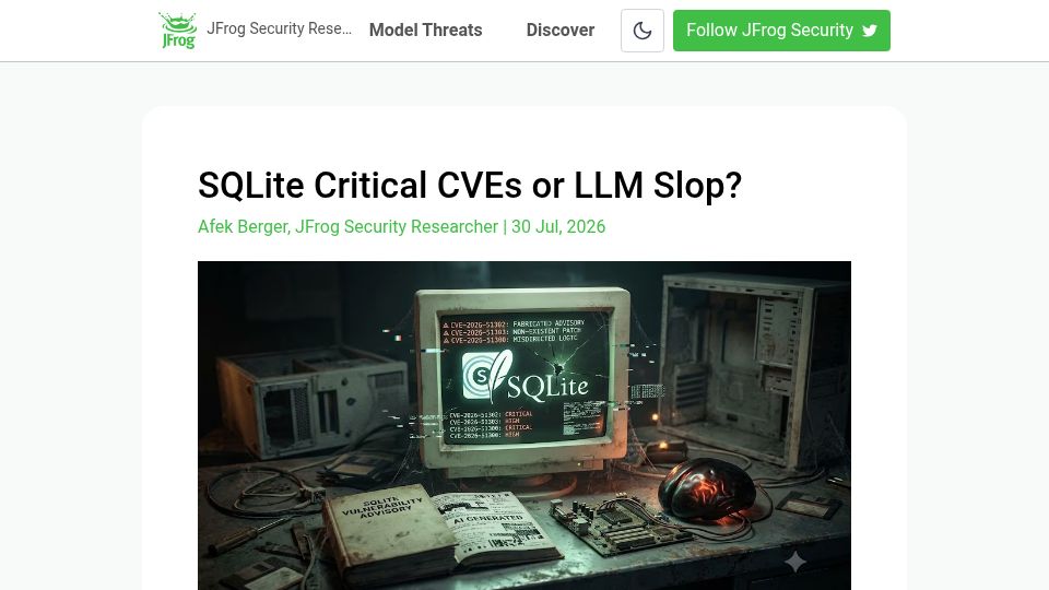 Screenshot of research.jfrog.com: SQLite Critical CVEs or LLM Slop?