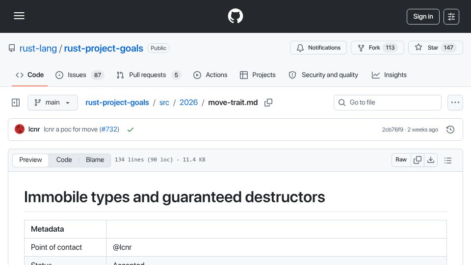 Screenshot of github.com: Rust project goals: Immobile types and guaranteed destructors