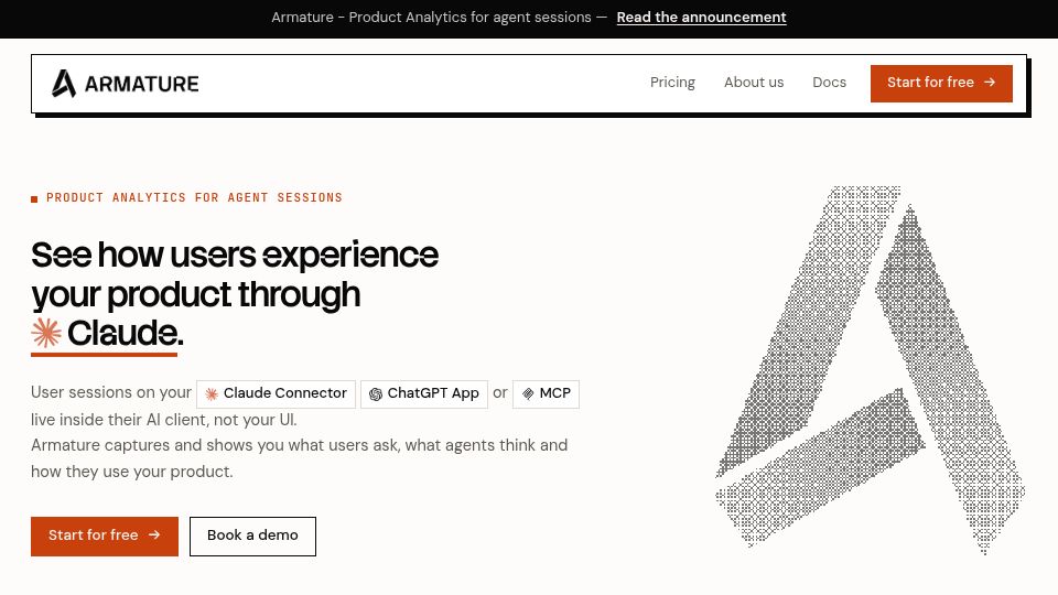 Screenshot of armature.tech: Show HN: Product analytics (and evals) for agent sessions on your MCP