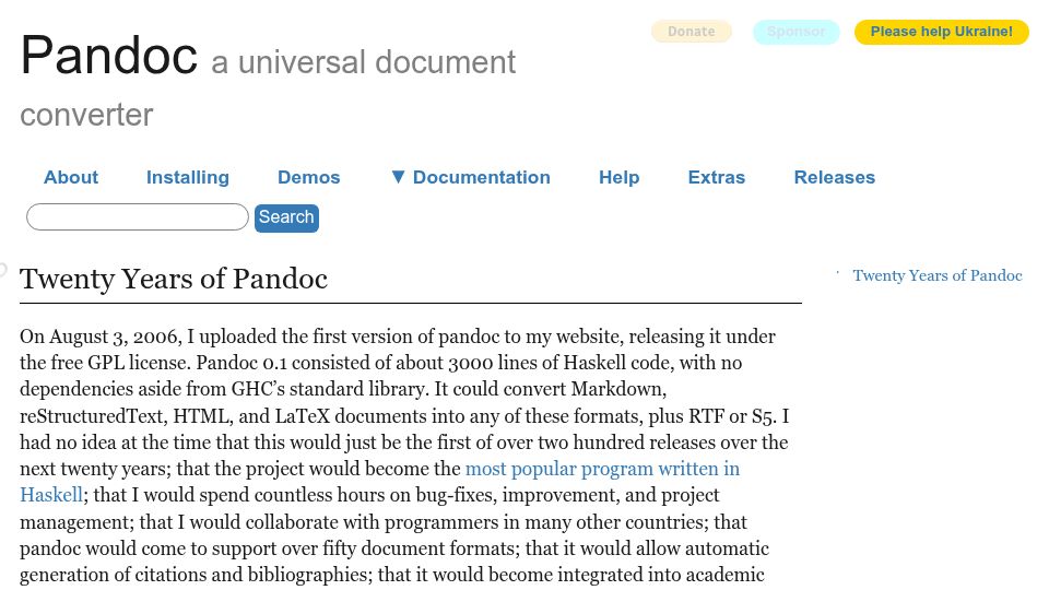 Screenshot of pandoc.org: Twenty Years of Pandoc